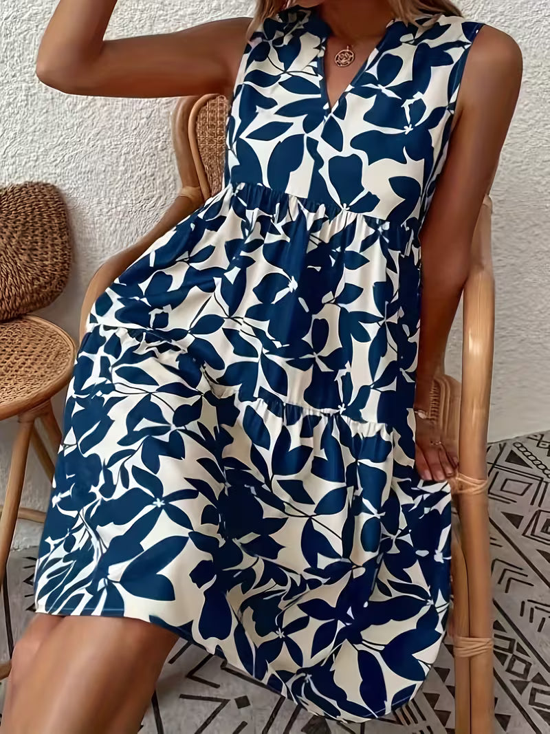 Vestido Blanco con Estampados Azules
