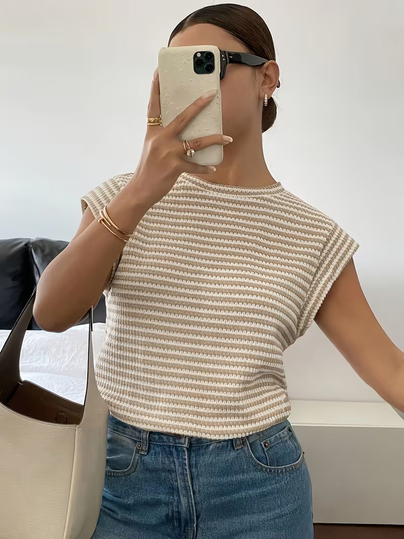 Camiseta Bordada de Rayas Beige