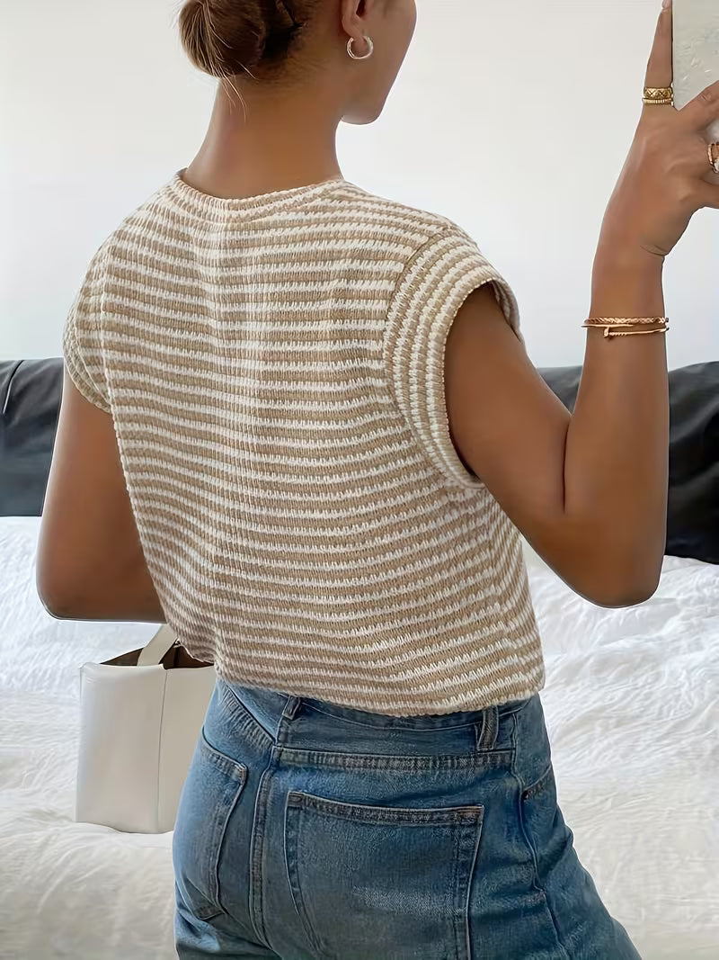 Camiseta Bordada de Rayas Beige