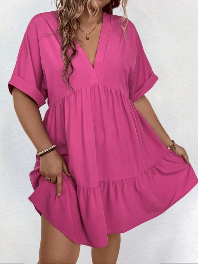 Vestido Cuello en V Fucsia