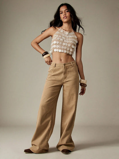 Jeans Beige bota ancha