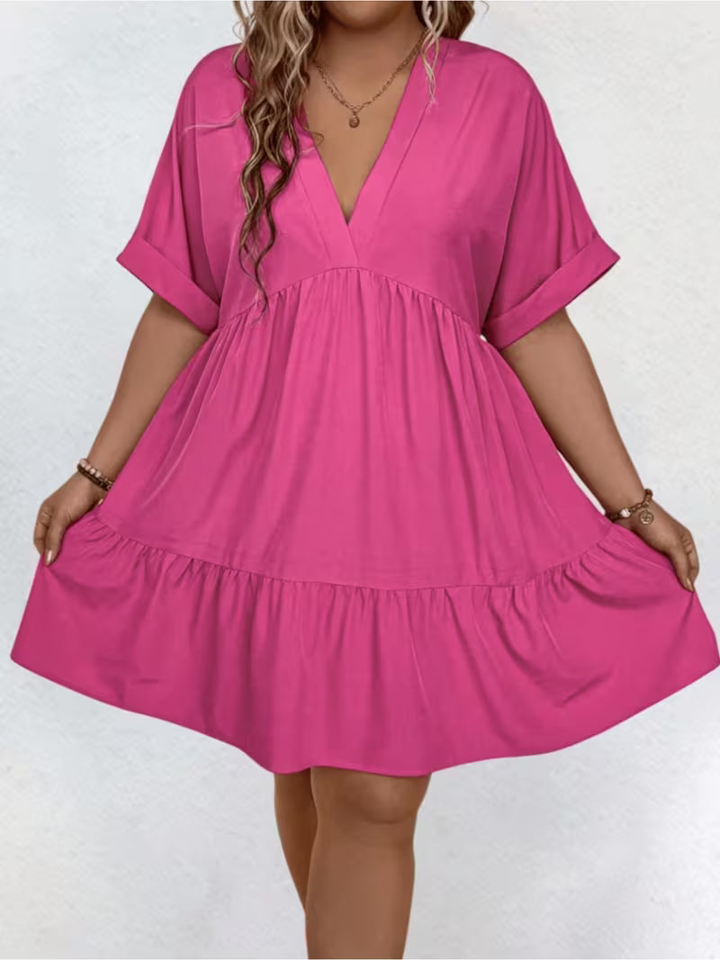 Vestido Cuello en V Fucsia