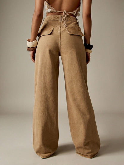 Jeans Beige bota ancha