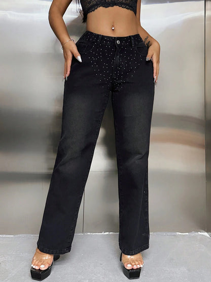 Jeans De Bolsillo Decorado Con Diamantes