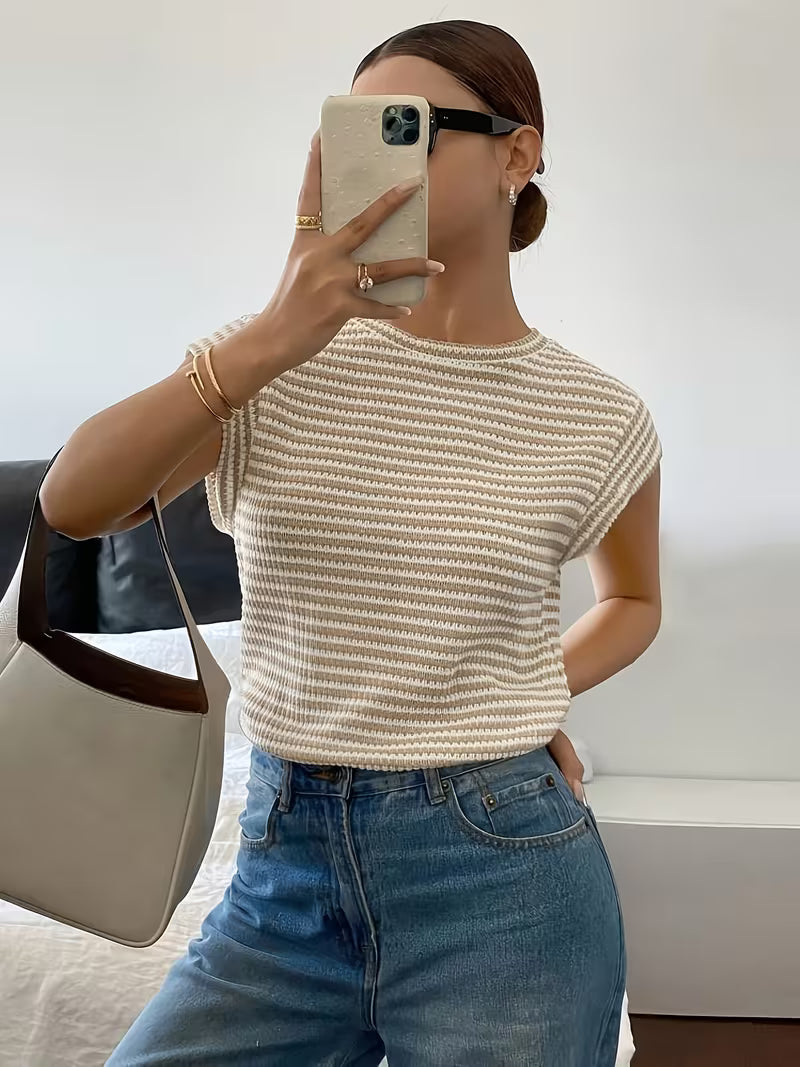 Camiseta Bordada de Rayas Beige