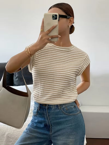 Camiseta Bordada de Rayas Beige