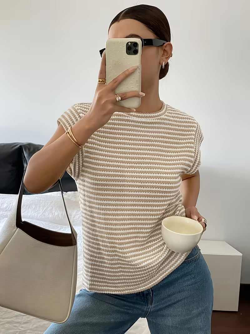 Camiseta Bordada de Rayas Beige