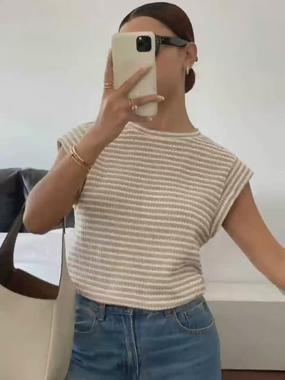 Camiseta Bordada de Rayas Beige